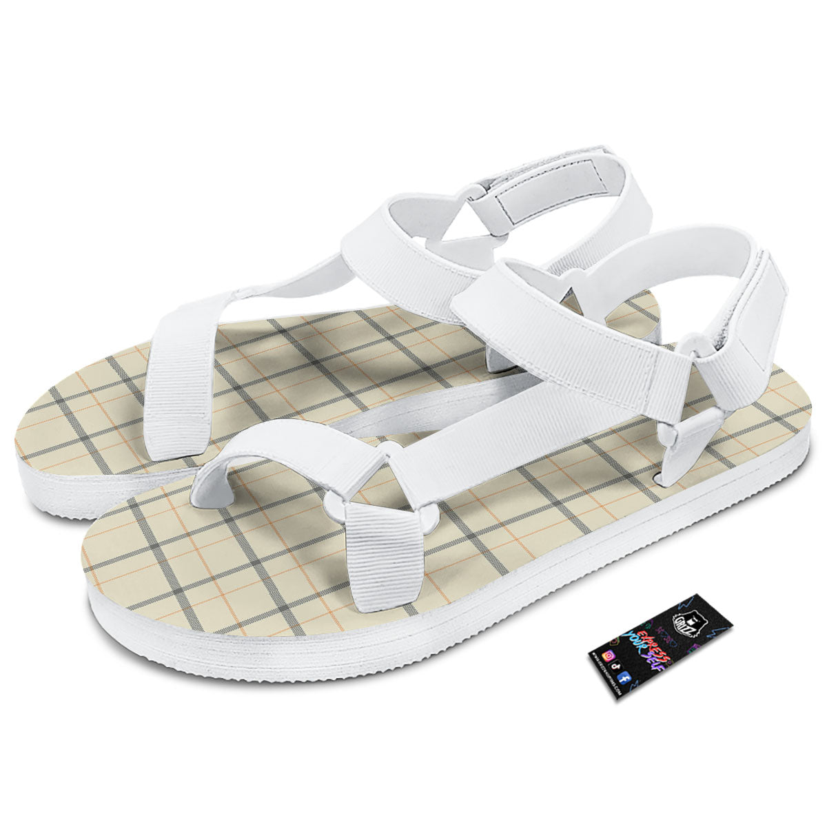 Tattersall Yellow And Beige Print Pattern White Open Toe Sandals-grizzshop