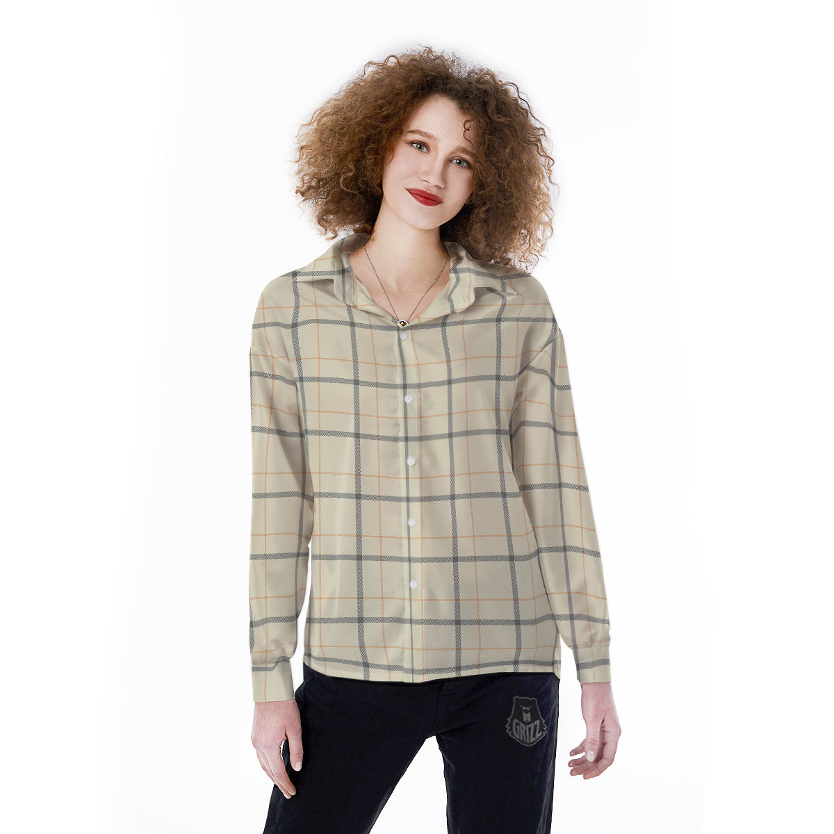 Tattersall Yellow And Beige Print Pattern Women's Long Sleeve Shirts-grizzshop