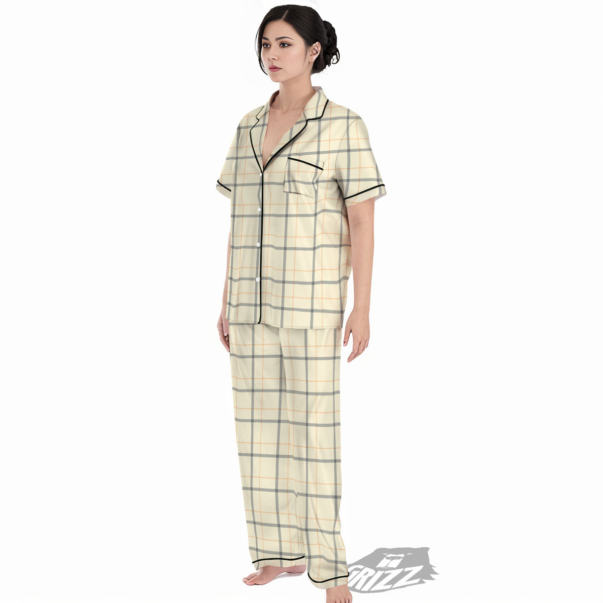 Tattersall Yellow And Beige Print Pattern Women's Pajamas Set-grizzshop