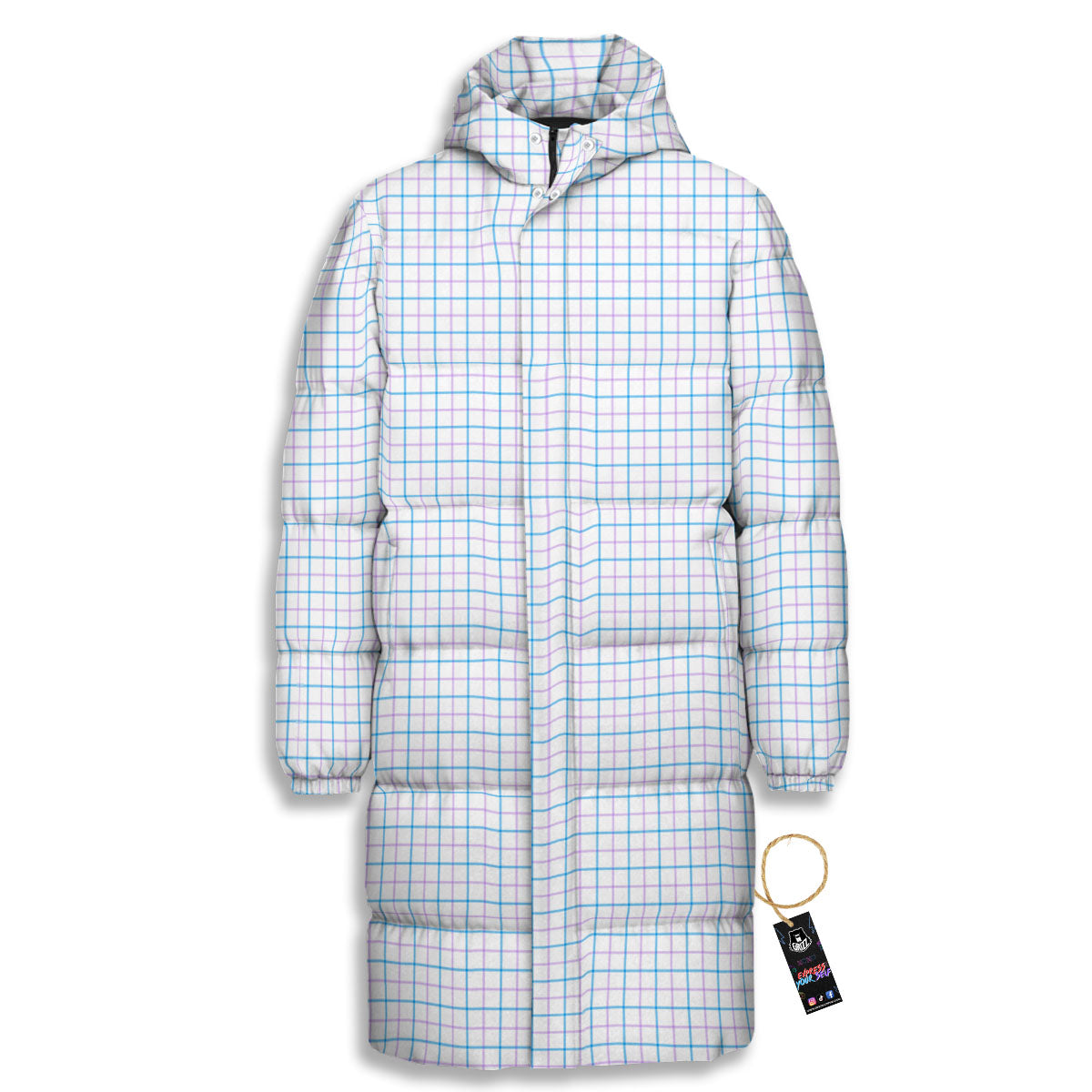 Tattersall Purple And Blue Line Print Pattern Long Down Jacket