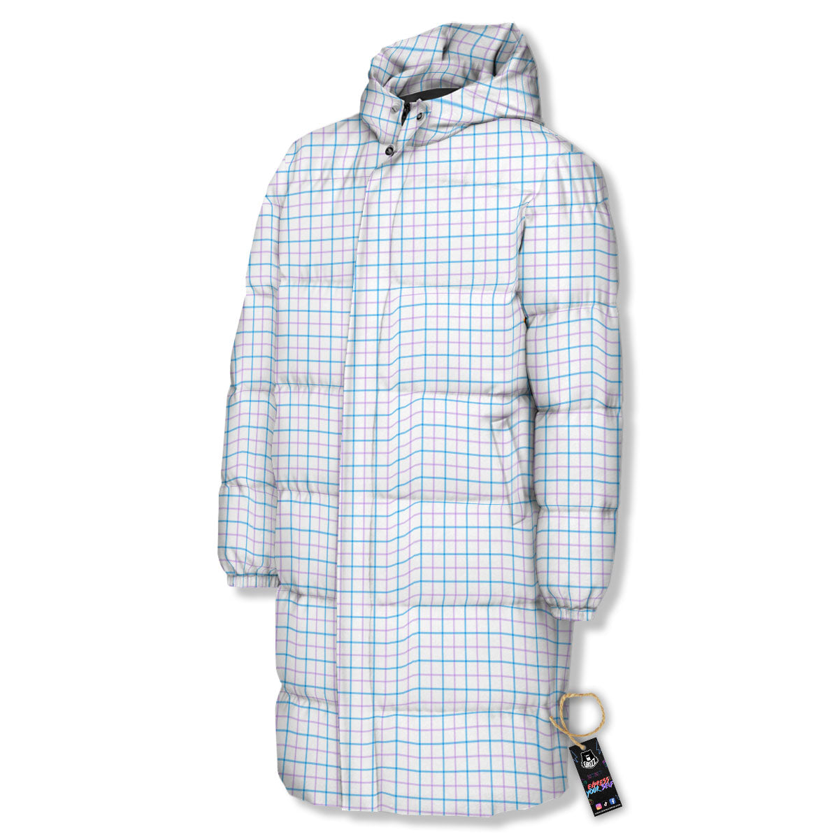 Tattersall Purple And Blue Line Print Pattern Long Down Jacket