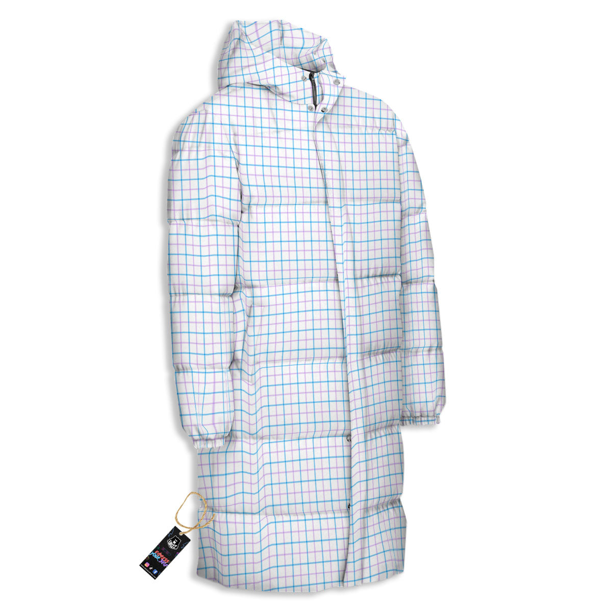 Tattersall Purple And Blue Line Print Pattern Long Down Jacket