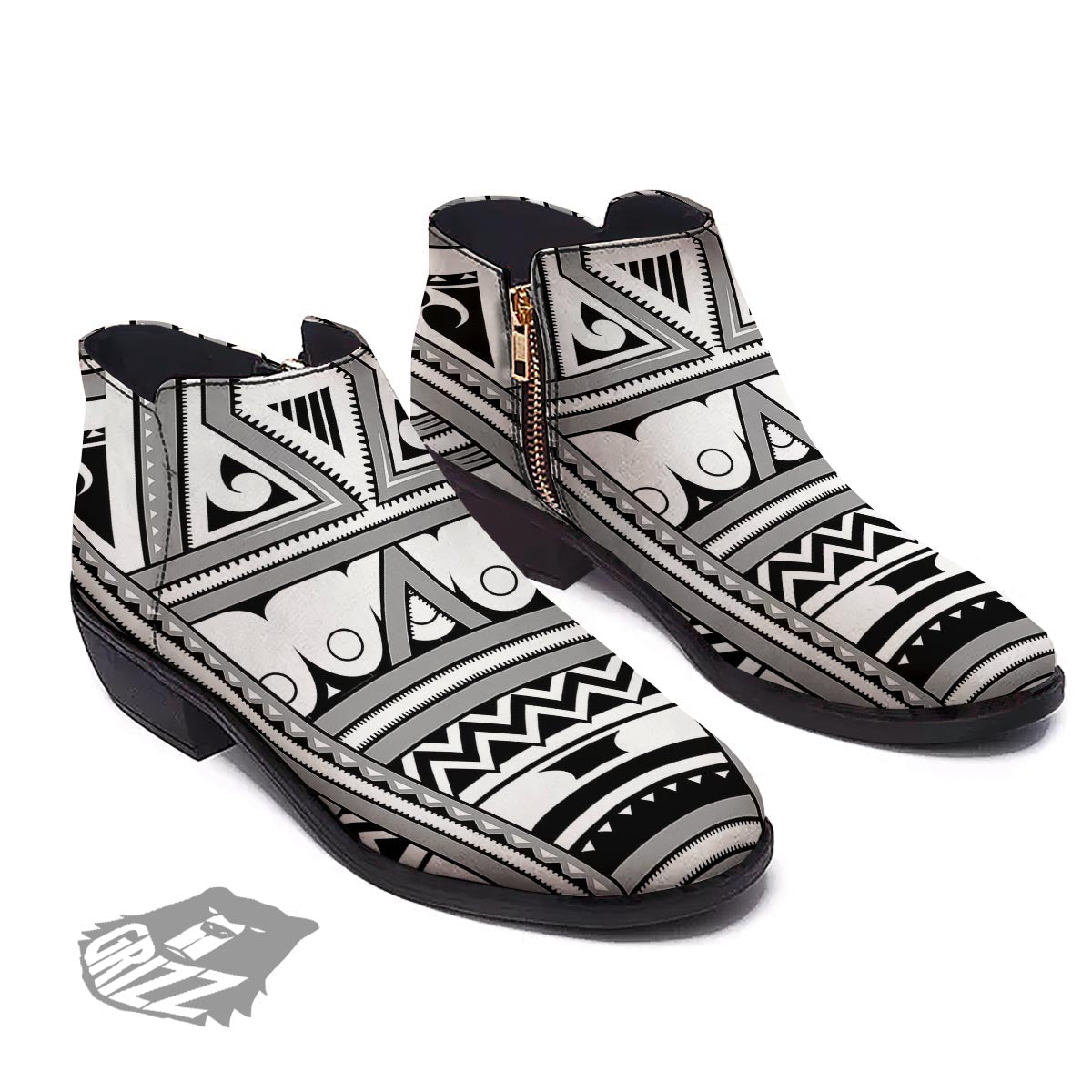 Tatto Polynesian Tribal Maori Print Ankle Boots-grizzshop
