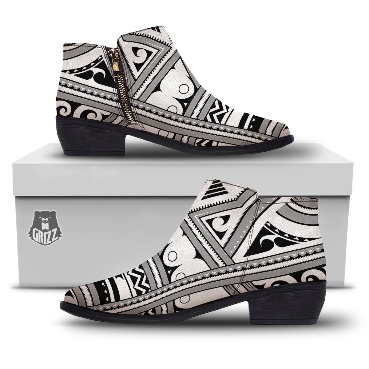 Tatto Polynesian Tribal Maori Print Ankle Boots-grizzshop