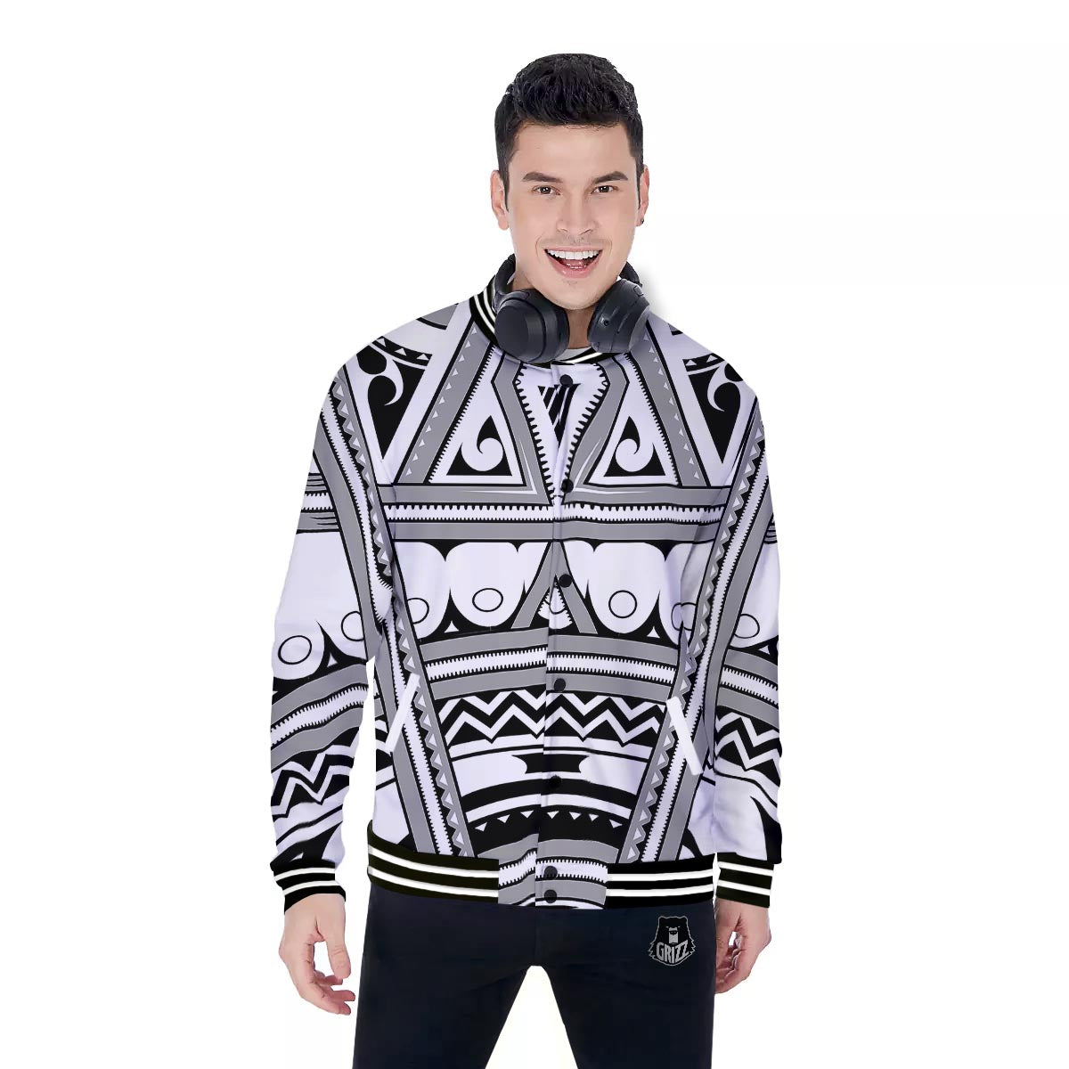 Tatto Polynesian Tribal Maori Print Baseball Jacket-grizzshop