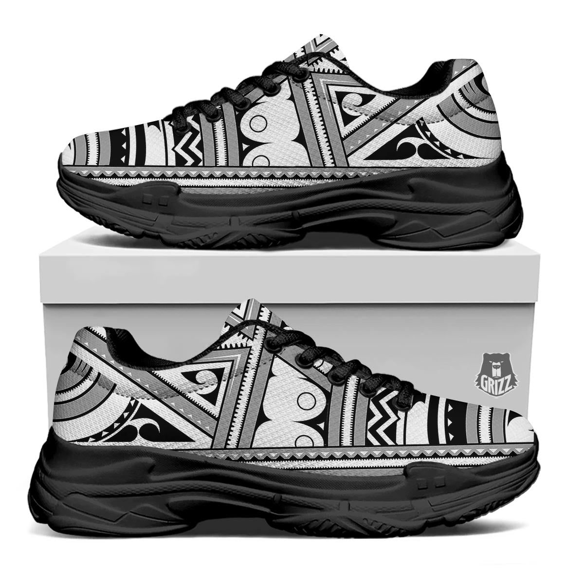 Tatto Polynesian Tribal Maori Print Black Chunky Shoes-grizzshop