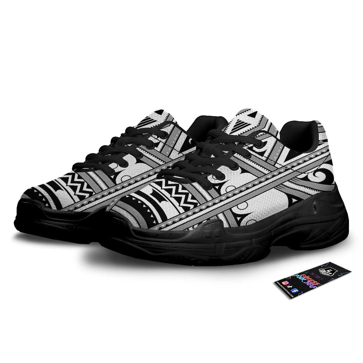Tatto Polynesian Tribal Maori Print Black Chunky Shoes-grizzshop