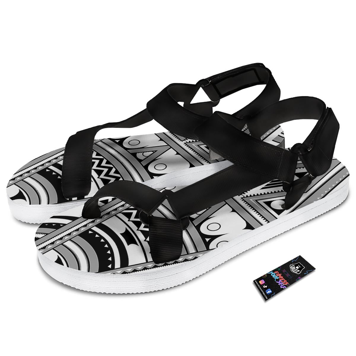 Tatto Polynesian Tribal Maori Print Black Open Toe Sandals-grizzshop