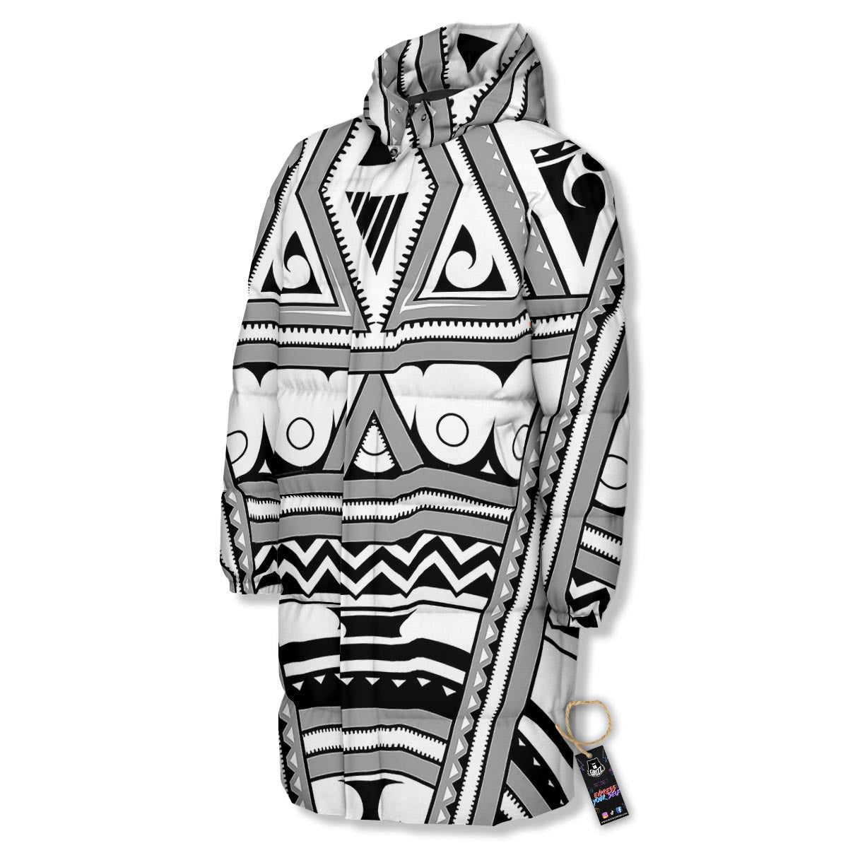 Tatto Polynesian Tribal Maori Print Long Down Jacket-grizzshop