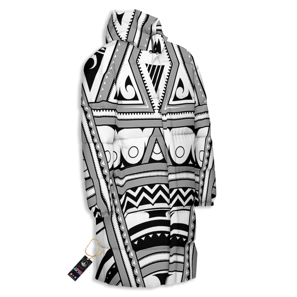 Tatto Polynesian Tribal Maori Print Long Down Jacket-grizzshop
