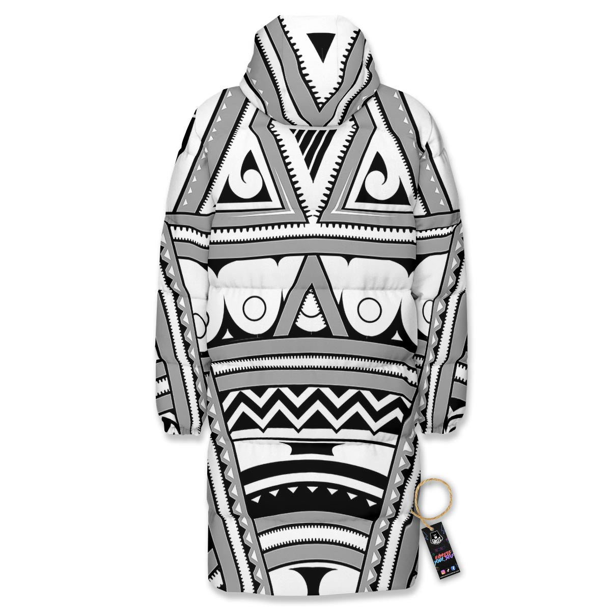 Tatto Polynesian Tribal Maori Print Long Down Jacket-grizzshop