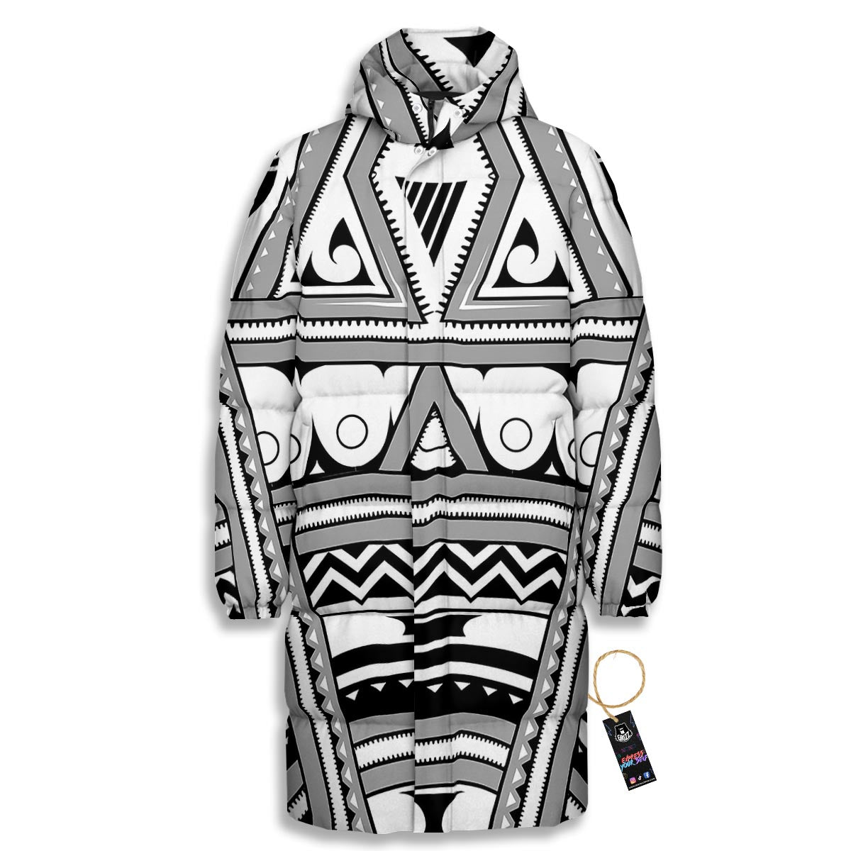 Tatto Polynesian Tribal Maori Print Long Down Jacket-grizzshop