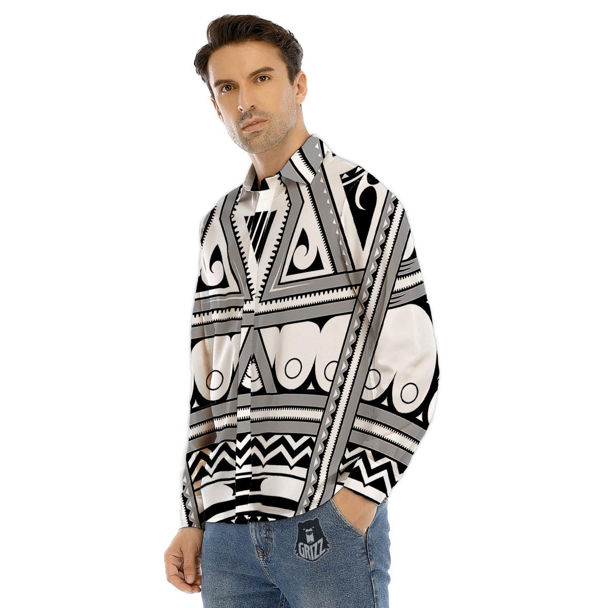Tatto Polynesian Tribal Maori Print Men's Dress Shirts-grizzshop