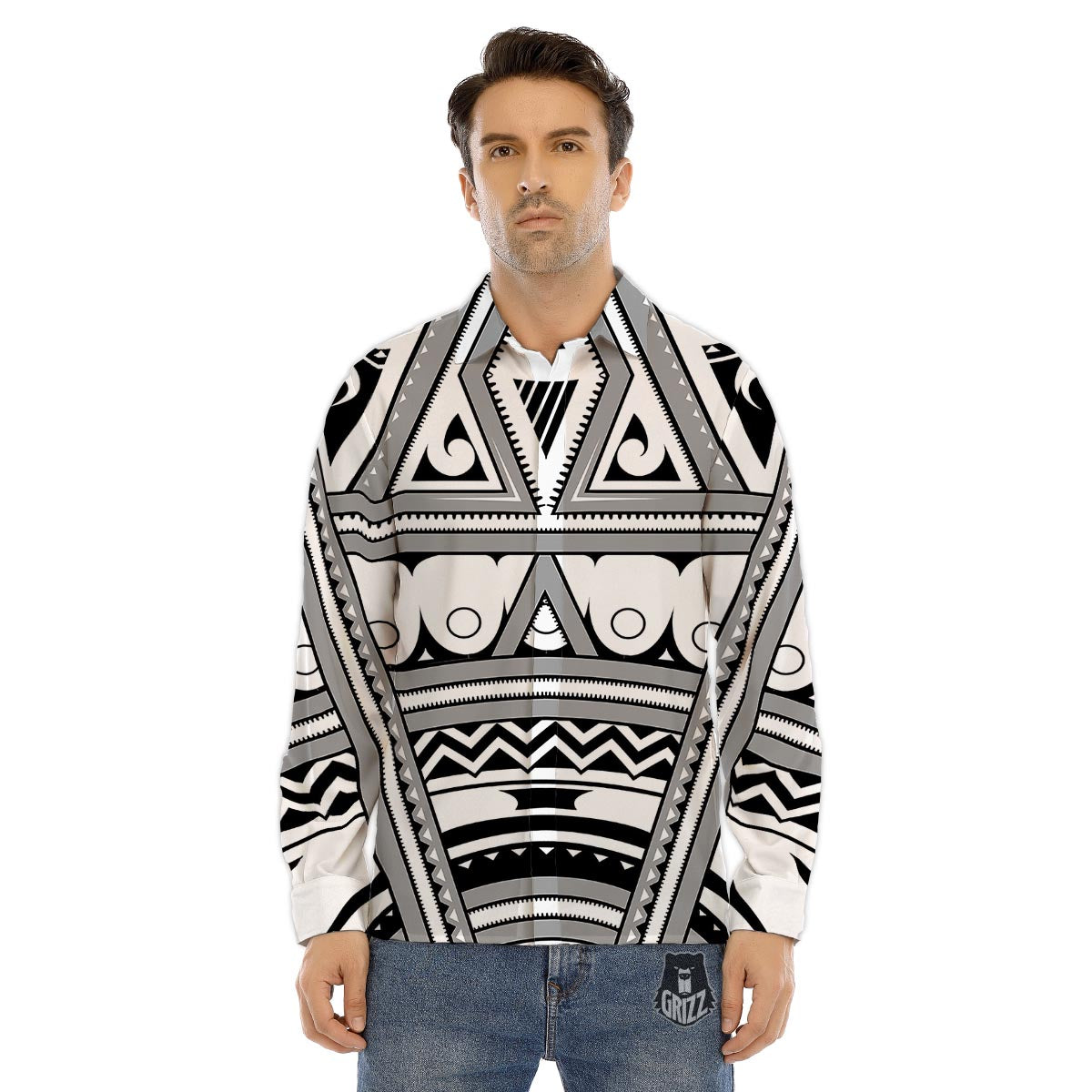 Tatto Polynesian Tribal Maori Print Men's Dress Shirts-grizzshop