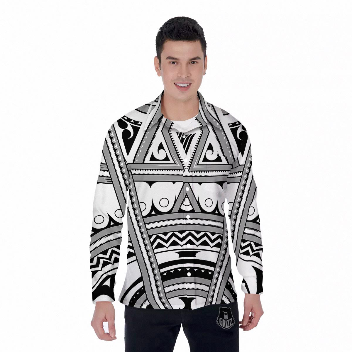 Tatto Polynesian Tribal Maori Print Men's Long Sleeve Shirts-grizzshop