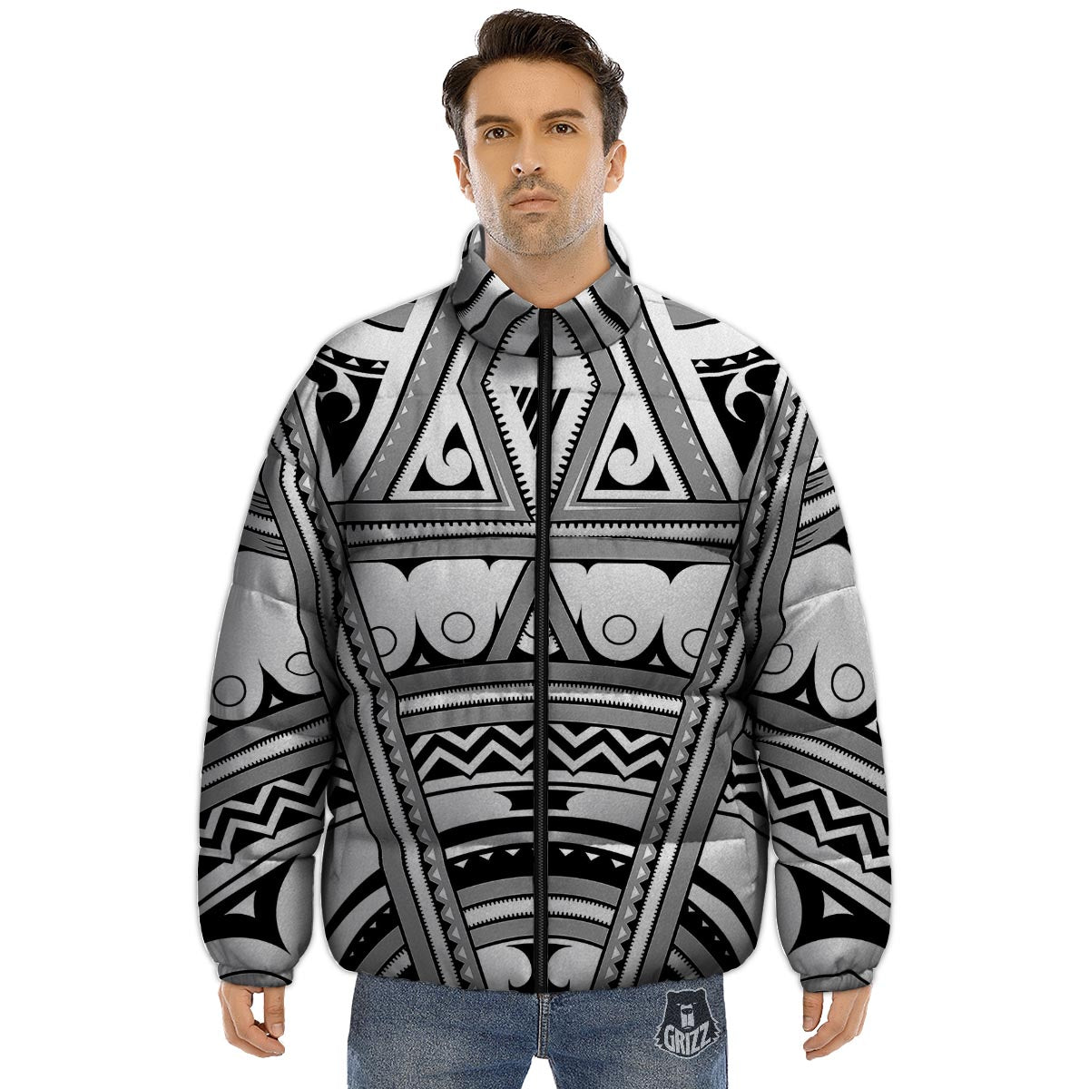 Tatto Polynesian Tribal Maori Print Puffer Jacket-grizzshop