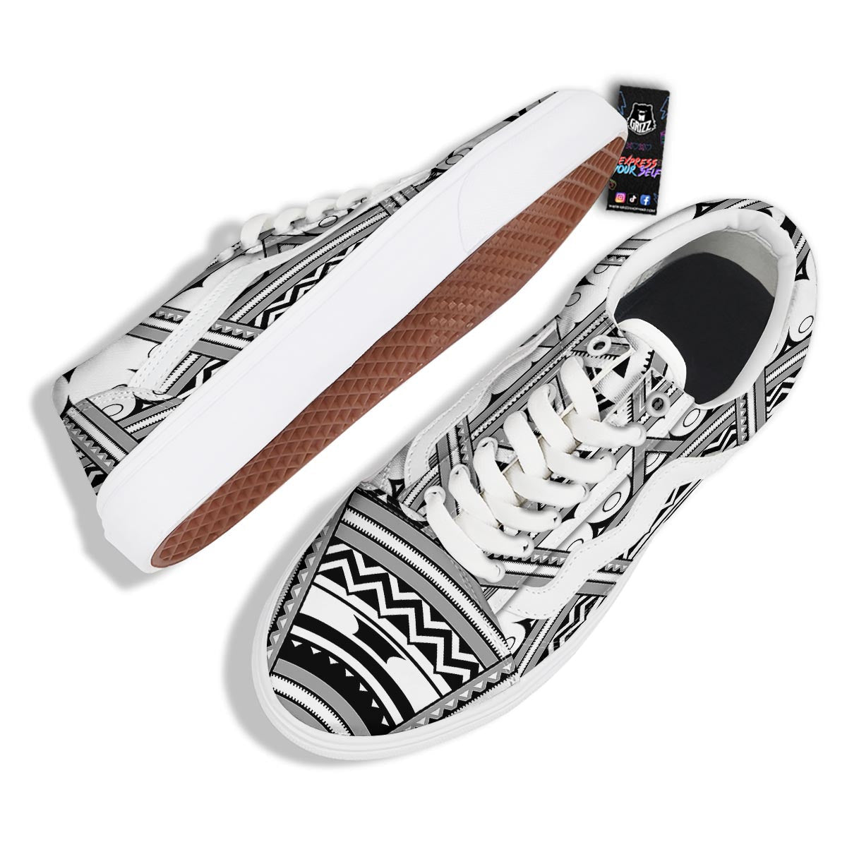 Tatto Polynesian Tribal Maori Print Skate Shoes-grizzshop