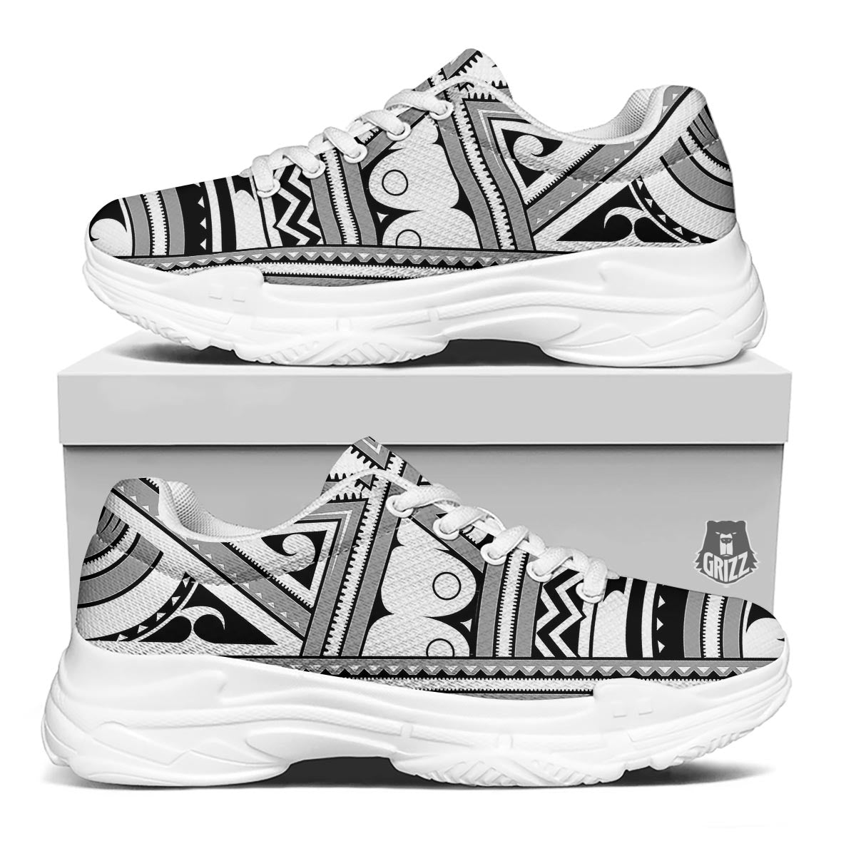 Tatto Polynesian Tribal Maori Print White Chunky Shoes-grizzshop