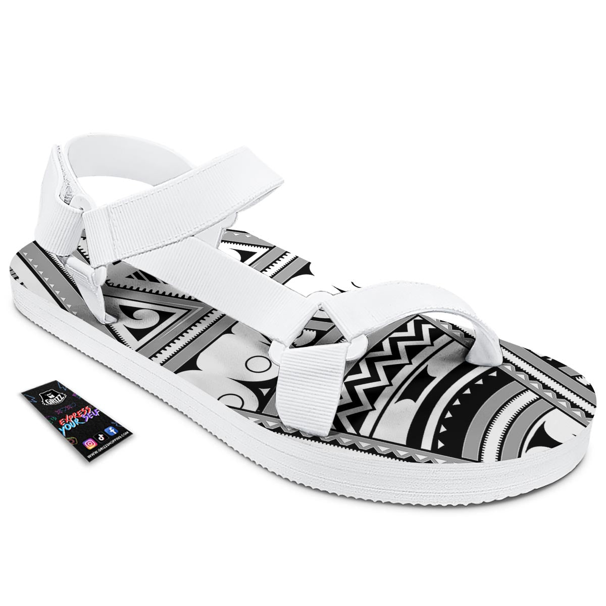 Tatto Polynesian Tribal Maori Print White Open Toe Sandals-grizzshop