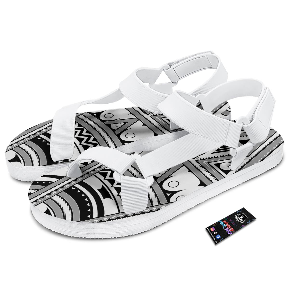 Tatto Polynesian Tribal Maori Print White Open Toe Sandals-grizzshop