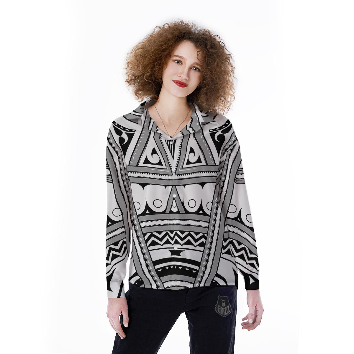 Tatto Polynesian Tribal Maori Print Women's Long Sleeve Shirts-grizzshop