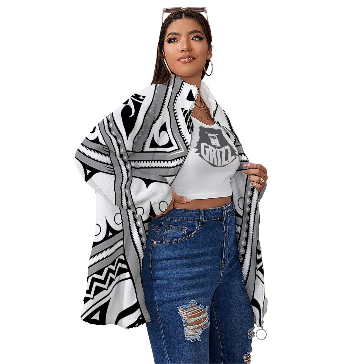 Tatto Polynesian Tribal Maori Print Women's Sherpa Jacket-grizzshop