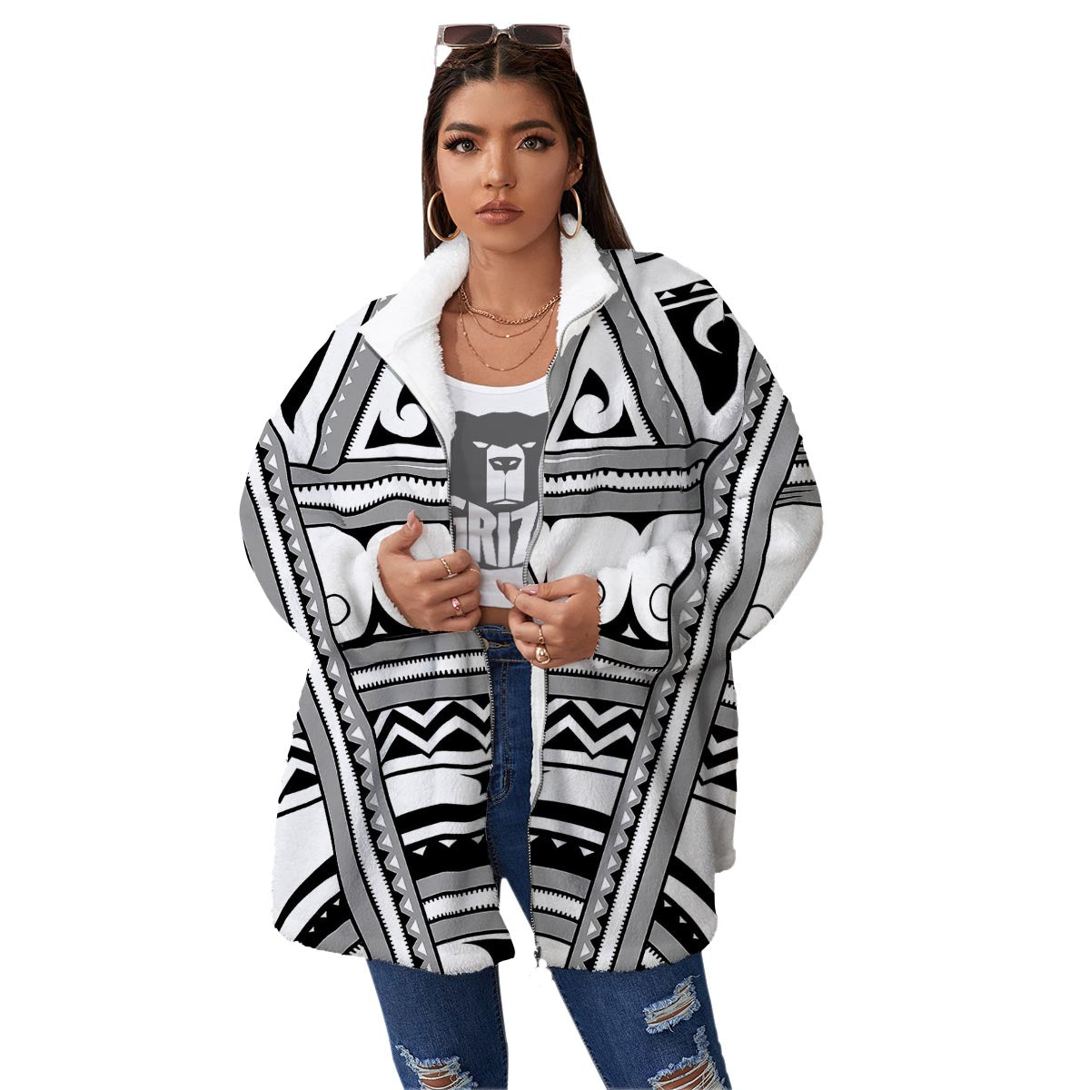Tatto Polynesian Tribal Maori Print Women's Sherpa Jacket-grizzshop