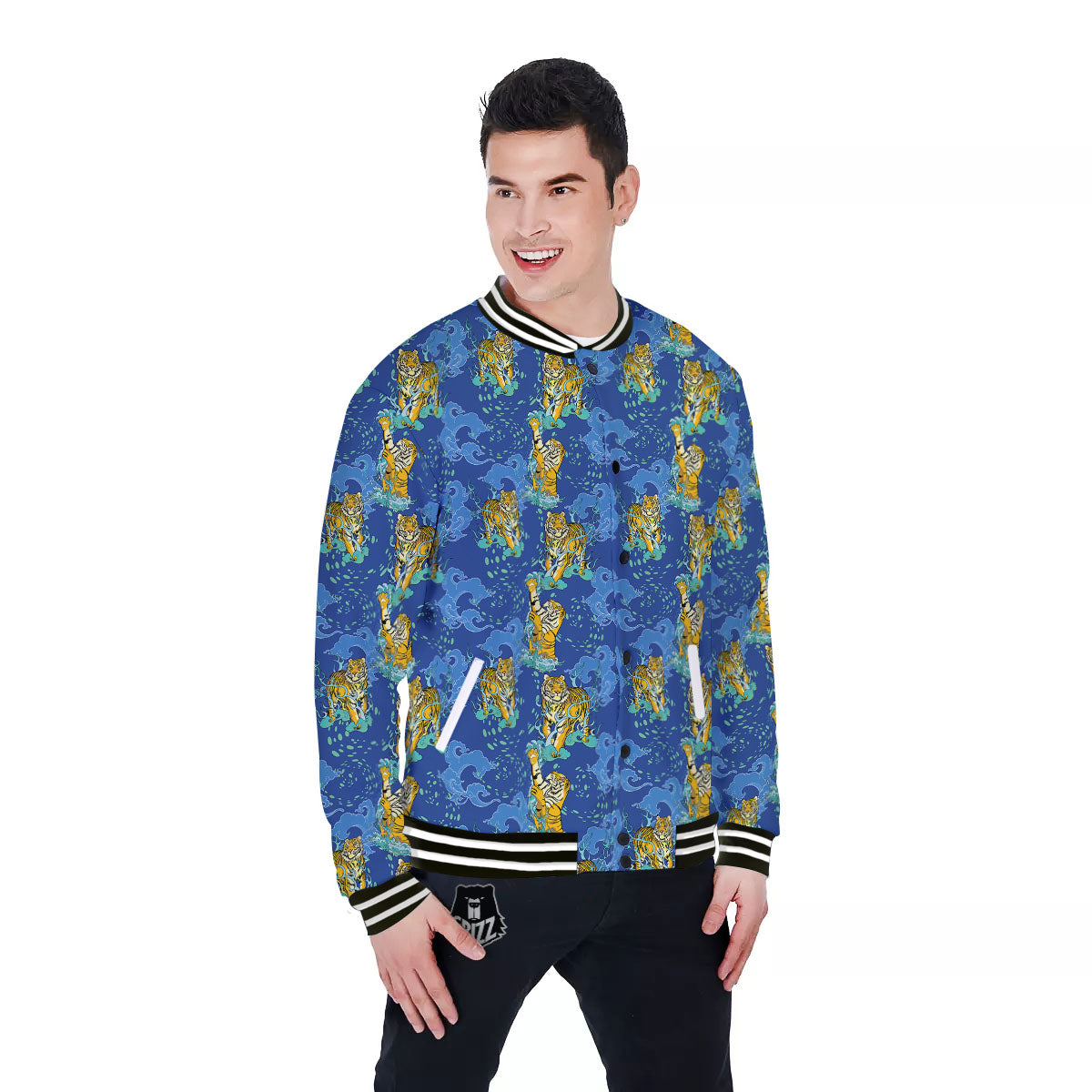 Tattoo Blue Tiger Print Pattern Baseball Jacket-grizzshop