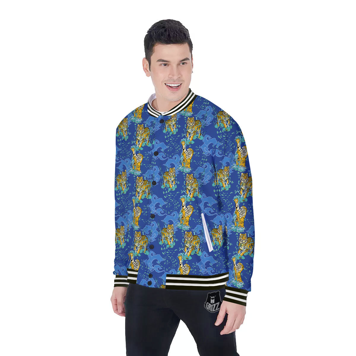 Tattoo Blue Tiger Print Pattern Baseball Jacket-grizzshop