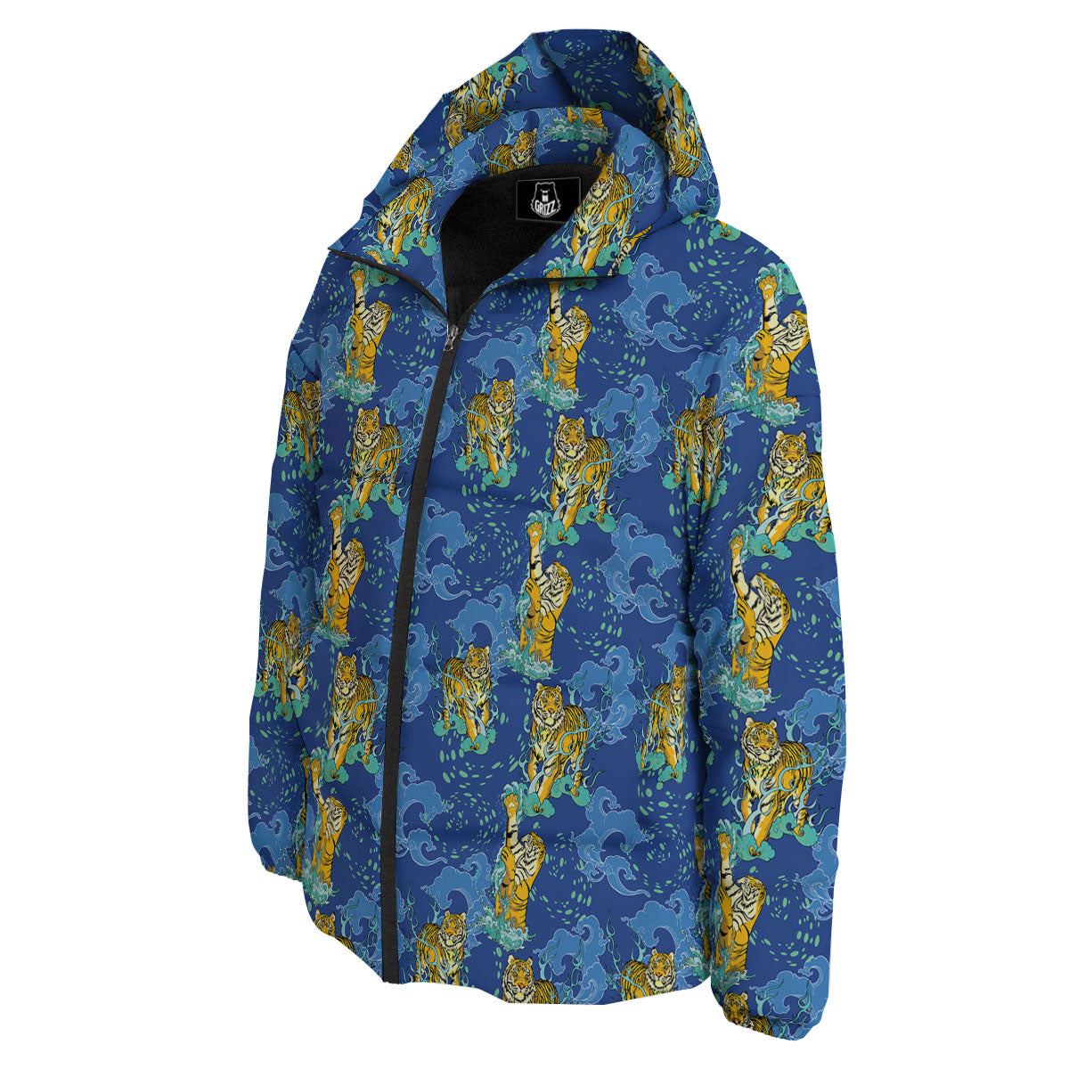Tattoo Blue Tiger Print Pattern Down Jacket-grizzshop