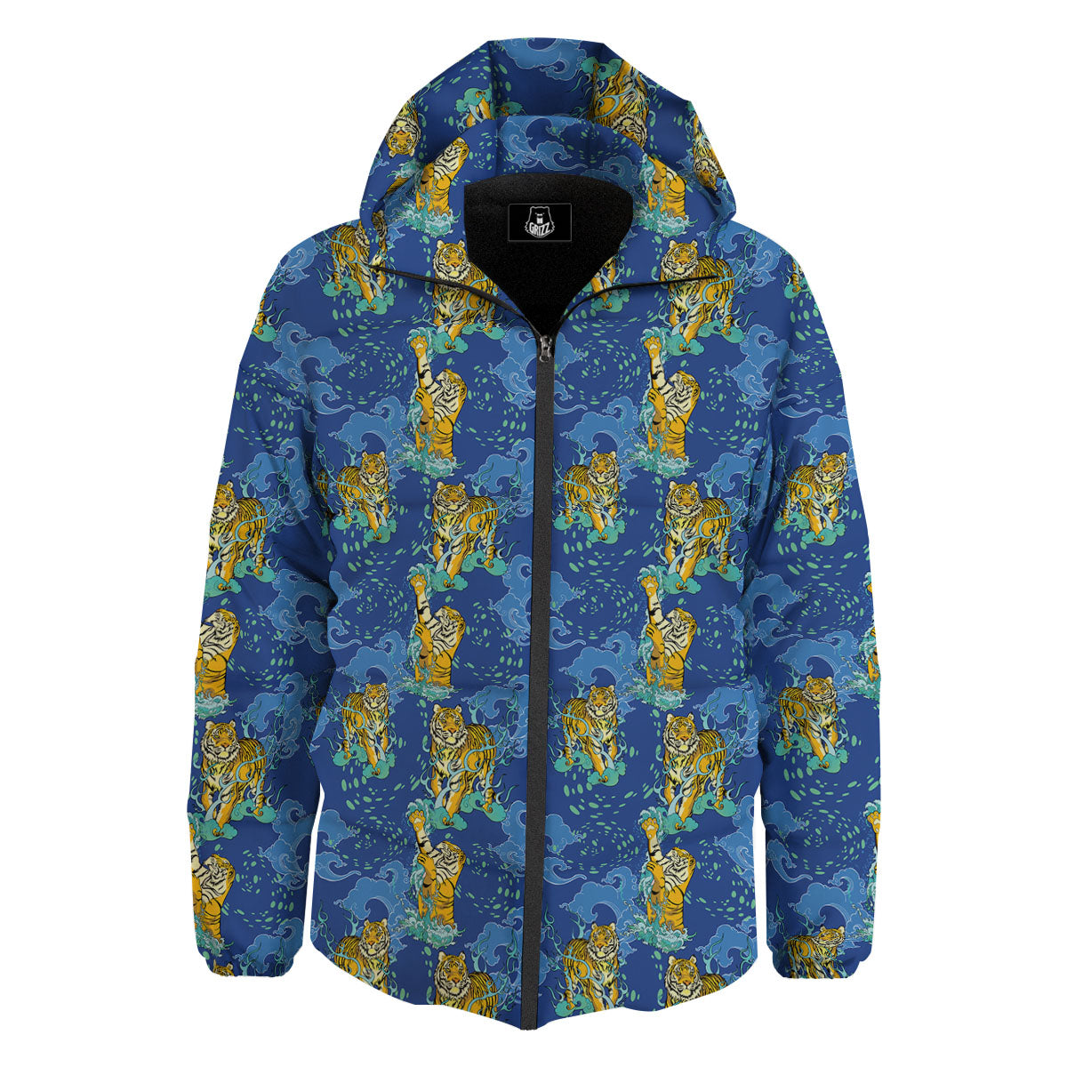 Tattoo Blue Tiger Print Pattern Down Jacket-grizzshop