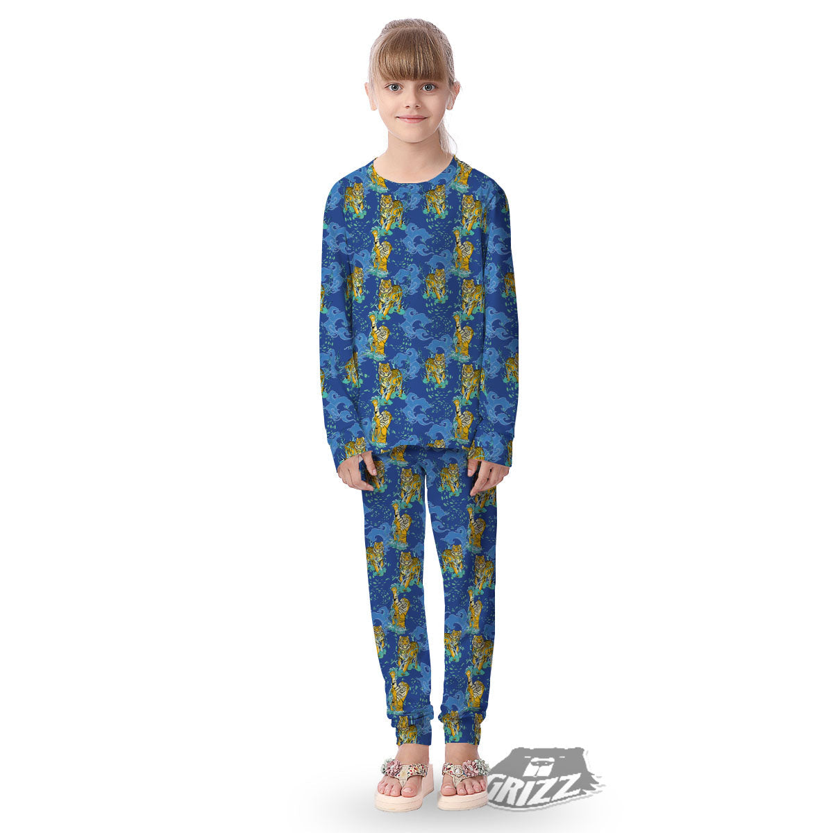 Tattoo Blue Tiger Print Pattern Kid's Pajamas-grizzshop
