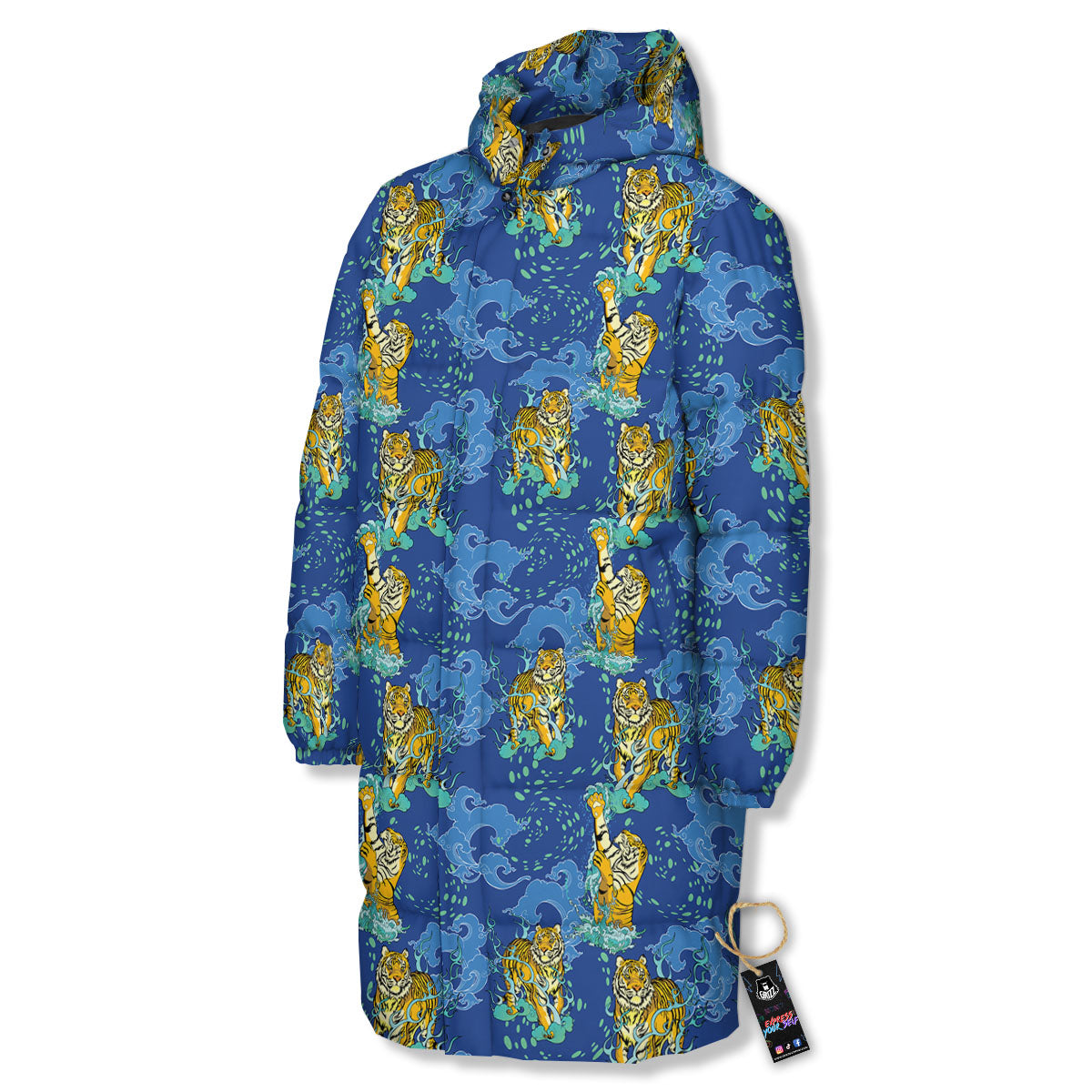 Tattoo Blue Tiger Print Pattern Long Down Jacket-grizzshop