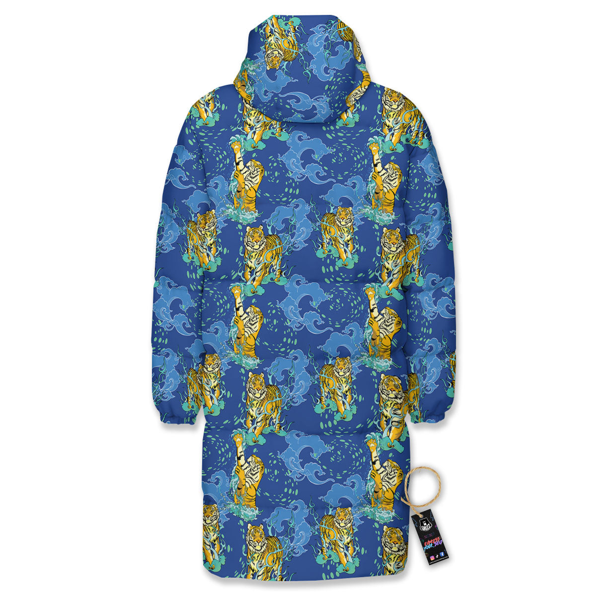 Tattoo Blue Tiger Print Pattern Long Down Jacket-grizzshop
