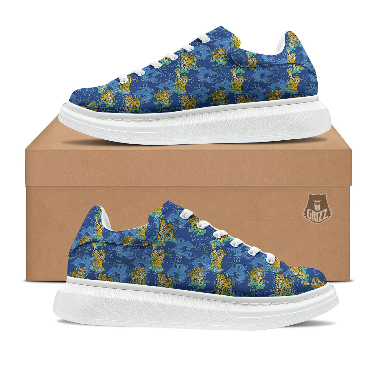 Tattoo Blue Tiger Print Pattern Platform Shoes-grizzshop
