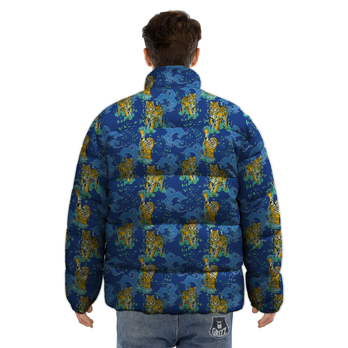 Tattoo Blue Tiger Print Pattern Puffer Jacket-grizzshop