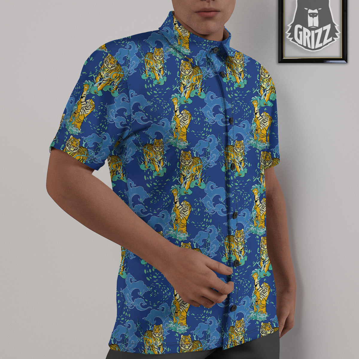 Tattoo Blue Tiger Print Pattern Untucked Shirts-grizzshop