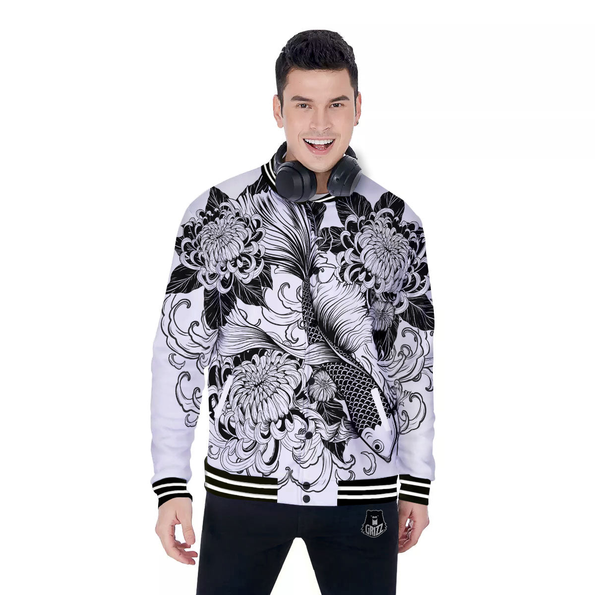 Tattoo Japanese Elemental Print Baseball Jacket-grizzshop