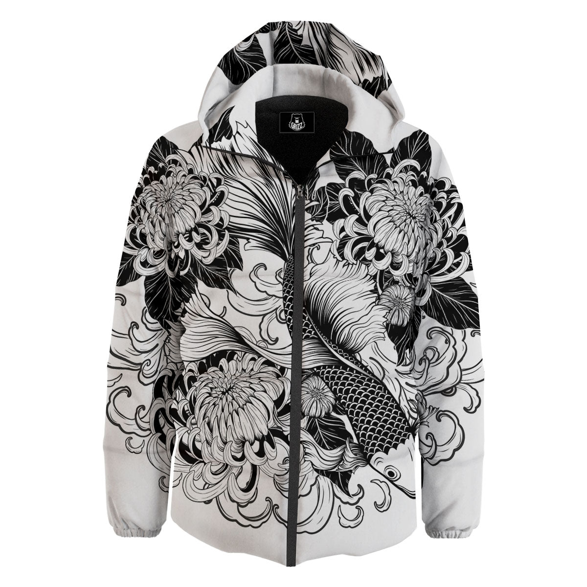 Tattoo Japanese Elemental Print Down Jacket-grizzshop