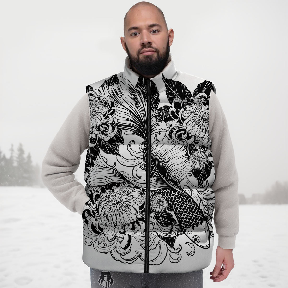 Tattoo Japanese Elemental Print Down Vest