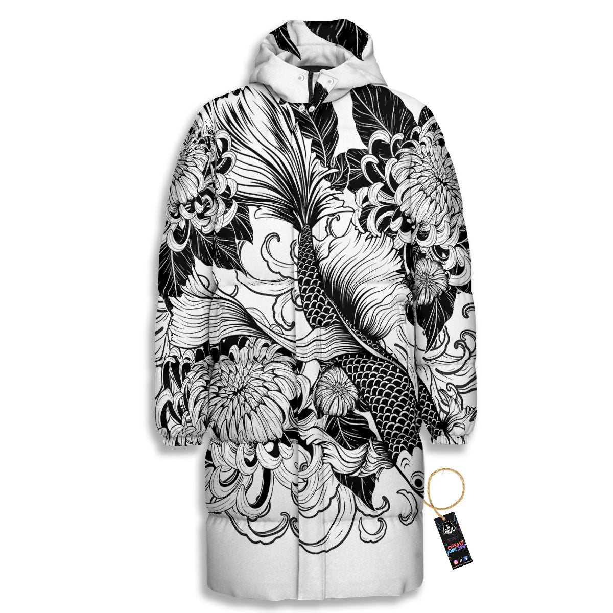 Tattoo Japanese Elemental Print Long Down Jacket-grizzshop