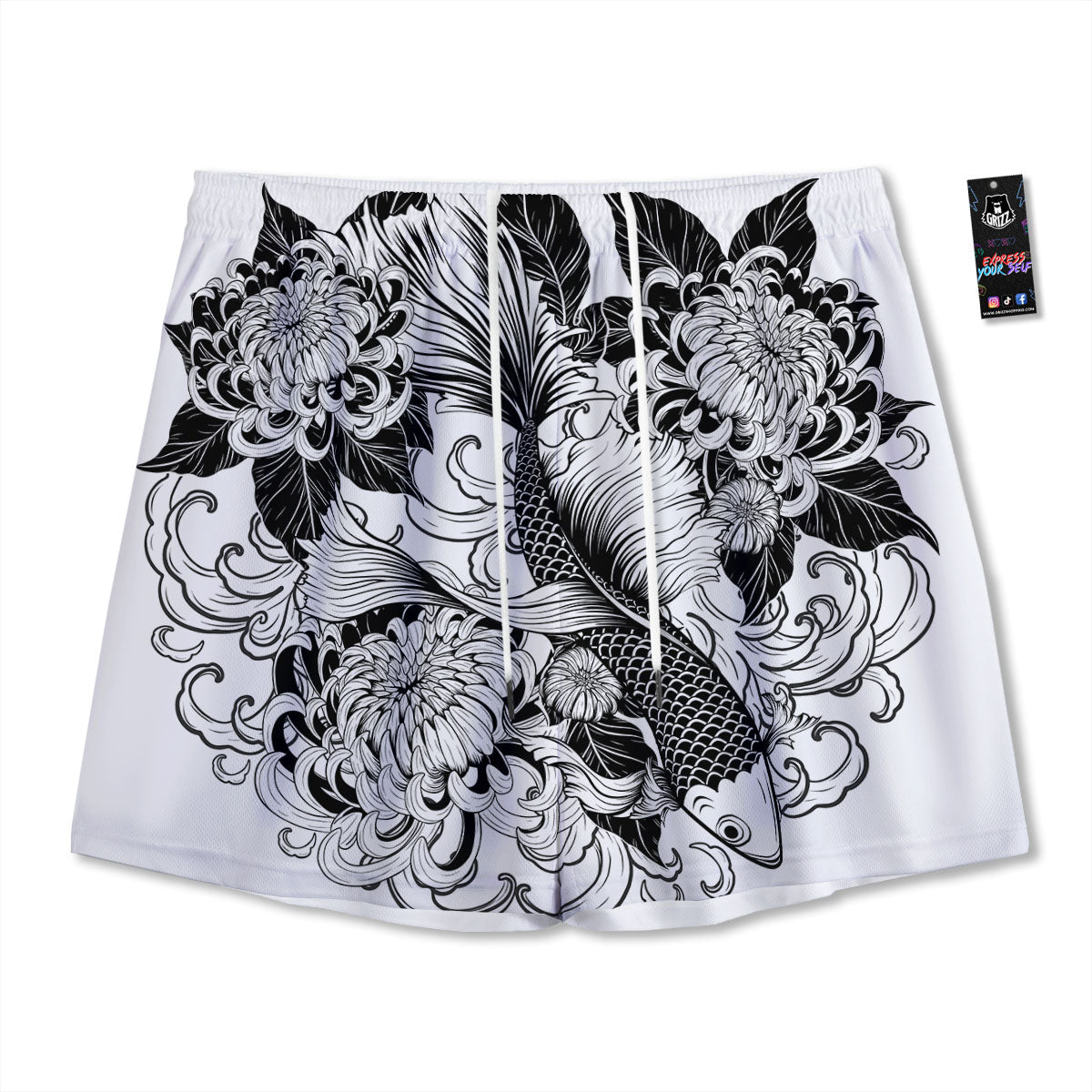 Tattoo Japanese Elemental Print Mesh Shorts
