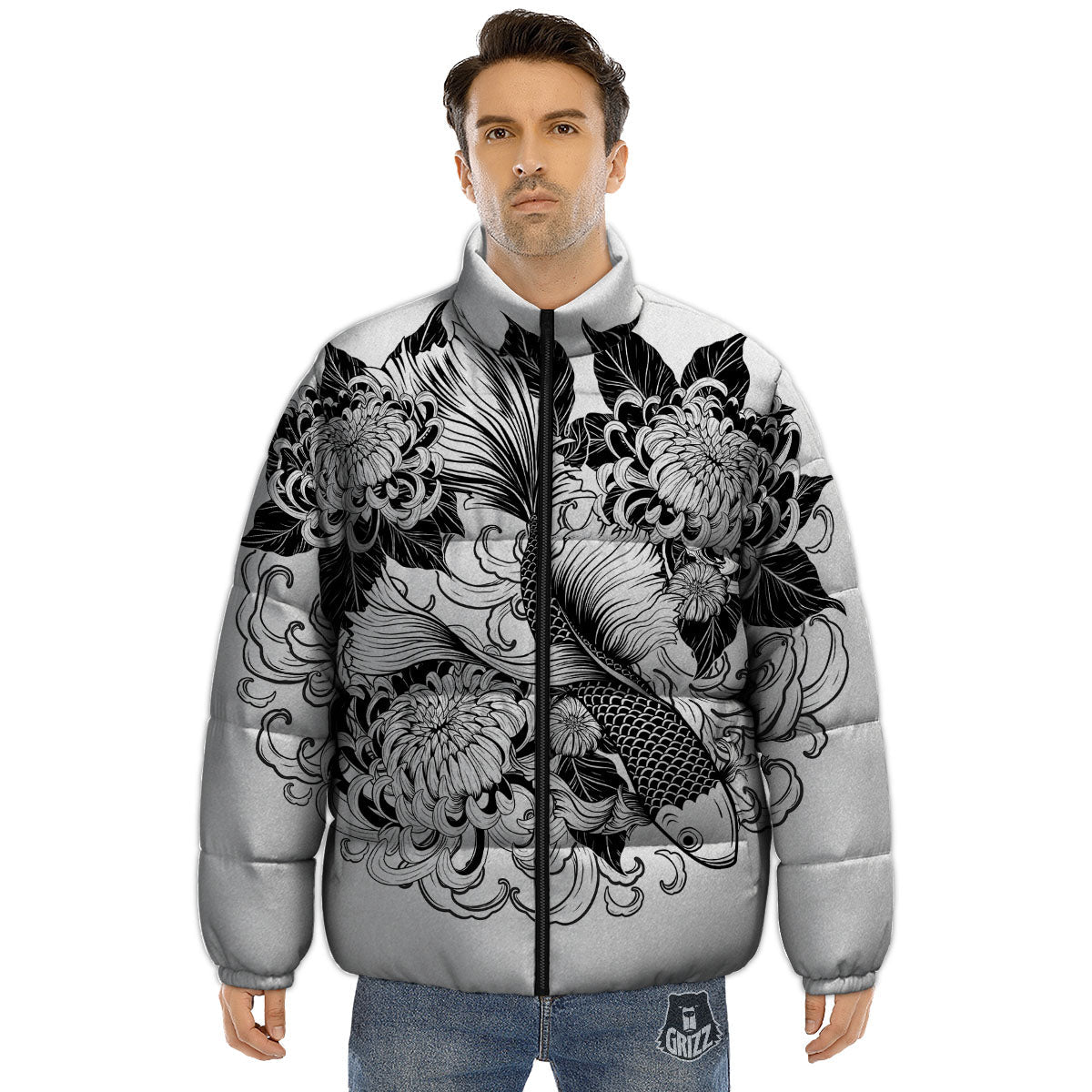 Tattoo Japanese Elemental Print Puffer Jacket-grizzshop