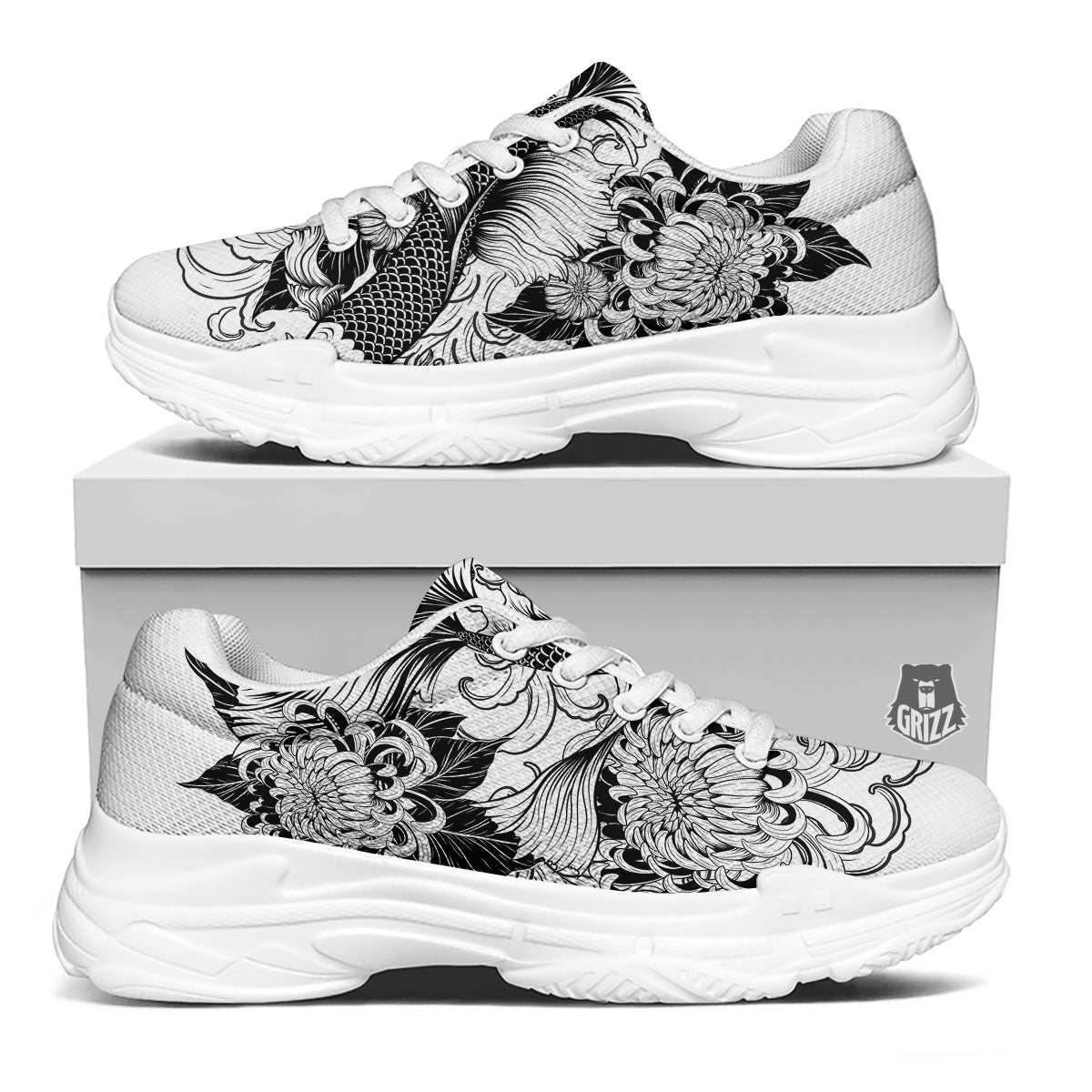 Tattoo Japanese Elemental Print White Chunky Shoes-grizzshop