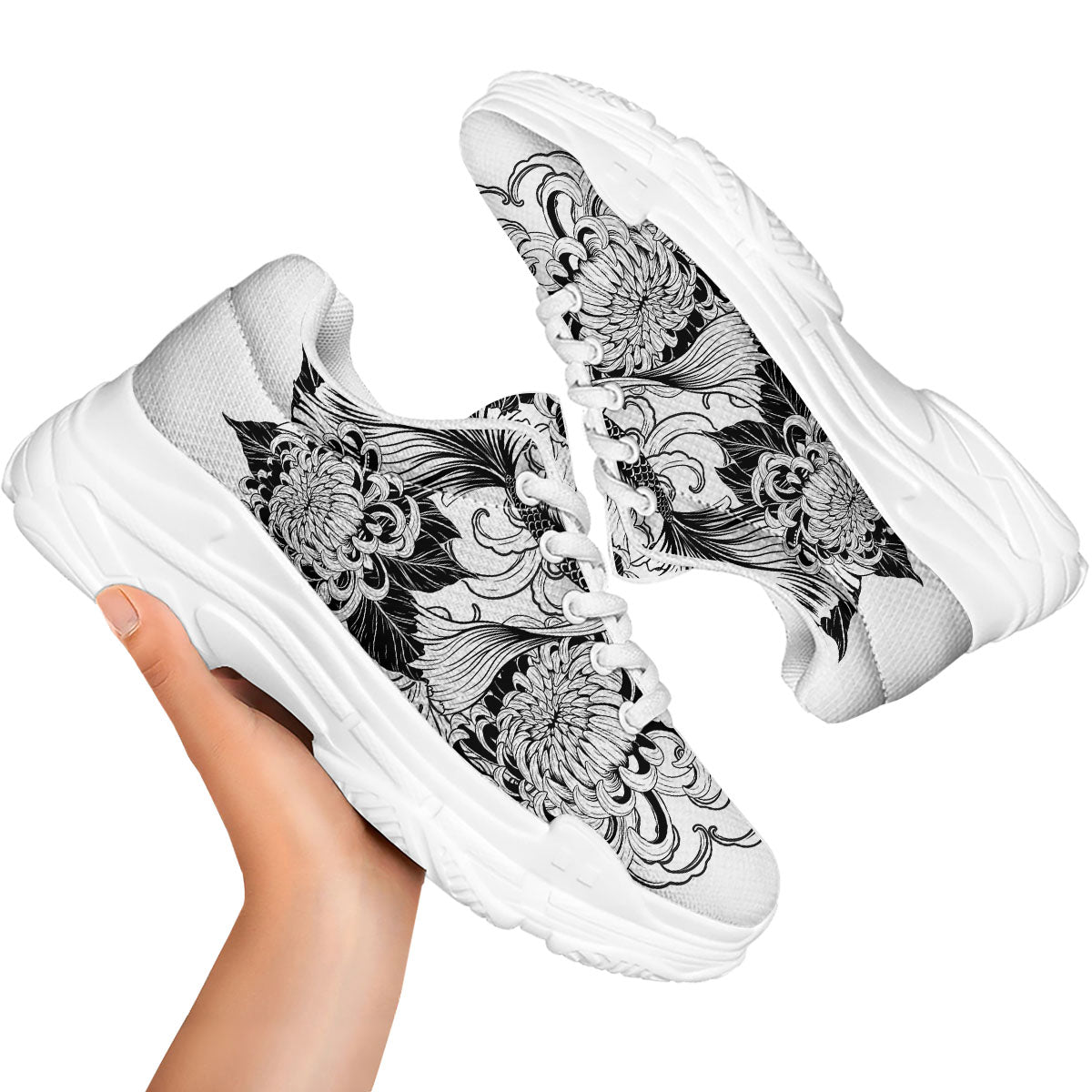 Tattoo Japanese Elemental Print White Chunky Shoes-grizzshop