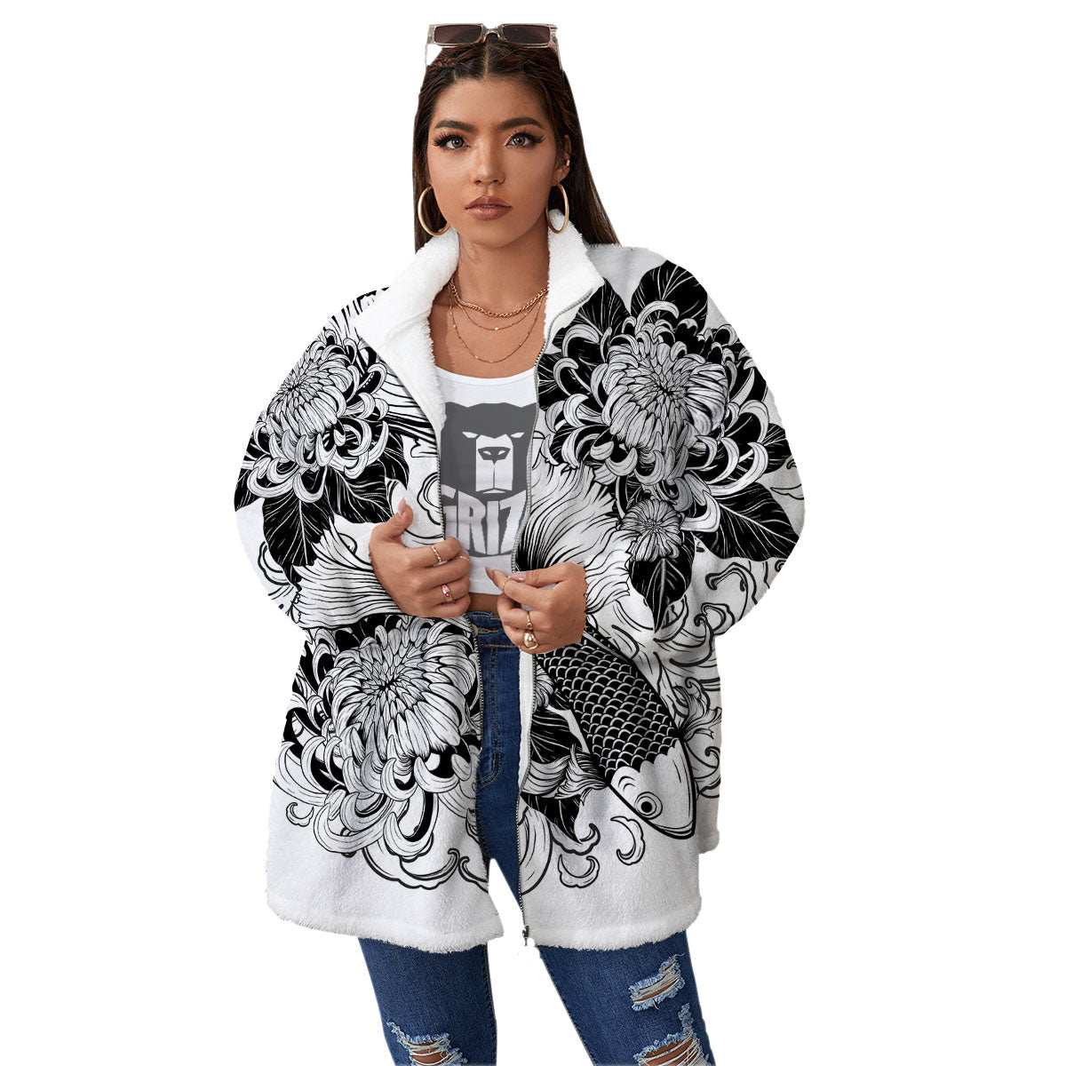 Tattoo Japanese Elemental Print Women's Sherpa Jacket-grizzshop