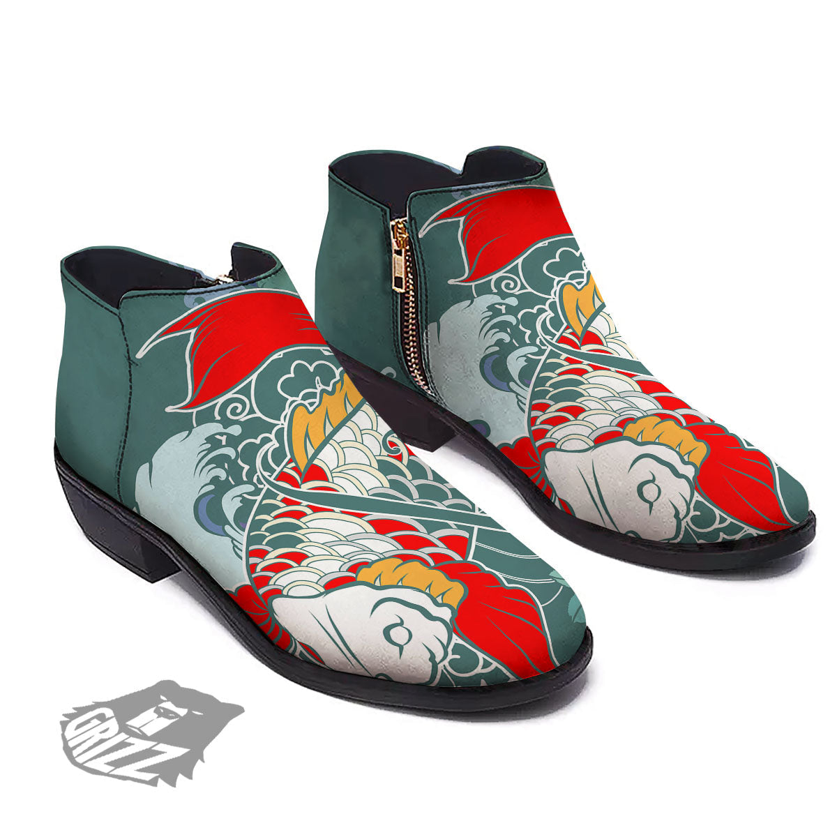 Tattoo Japanese Koi And Flower Print Ankle Boots-grizzshop