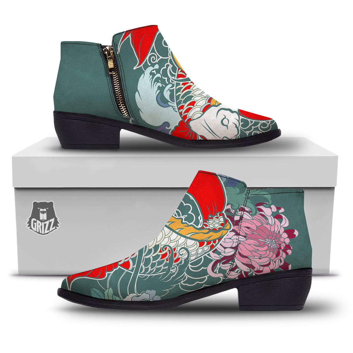 Tattoo Japanese Koi And Flower Print Ankle Boots-grizzshop