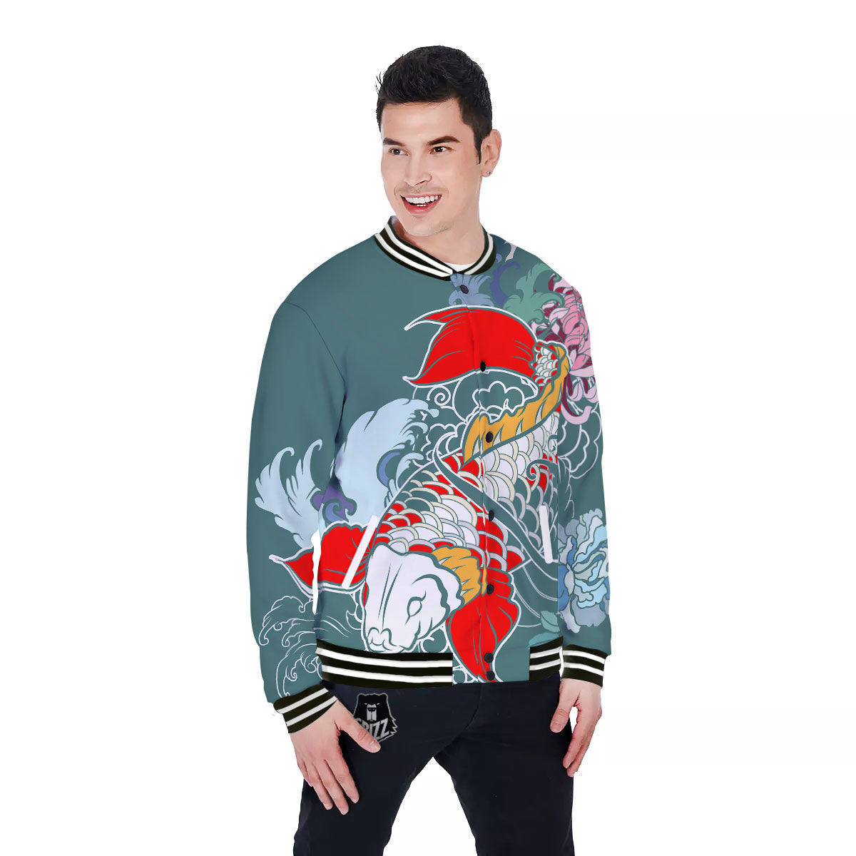 Tattoo Japanese Koi And Flower Print Baseball Jacket-grizzshop