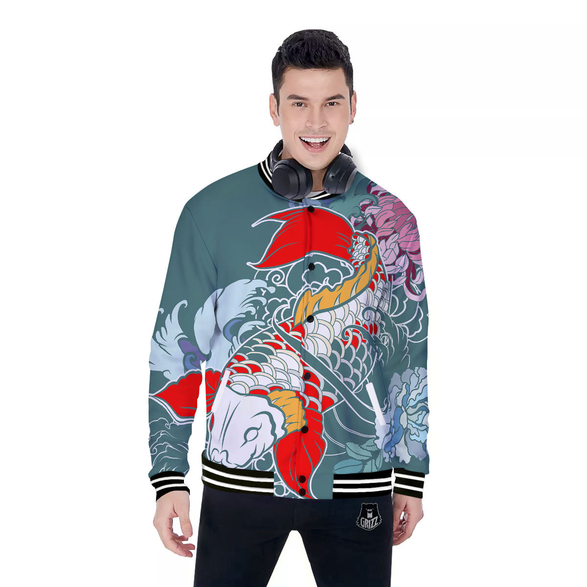 Tattoo Japanese Koi And Flower Print Baseball Jacket-grizzshop